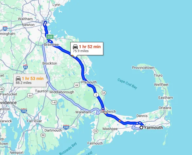 Distance from Boston To Yarmouth Ma
