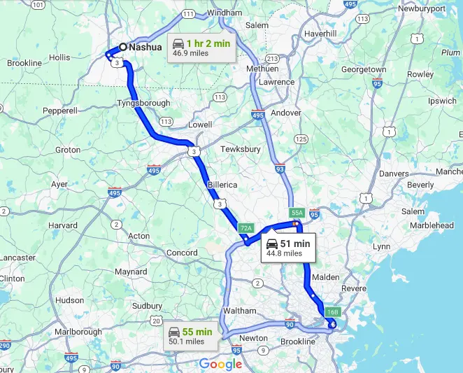 Distance Form Boston to Nashua Nh