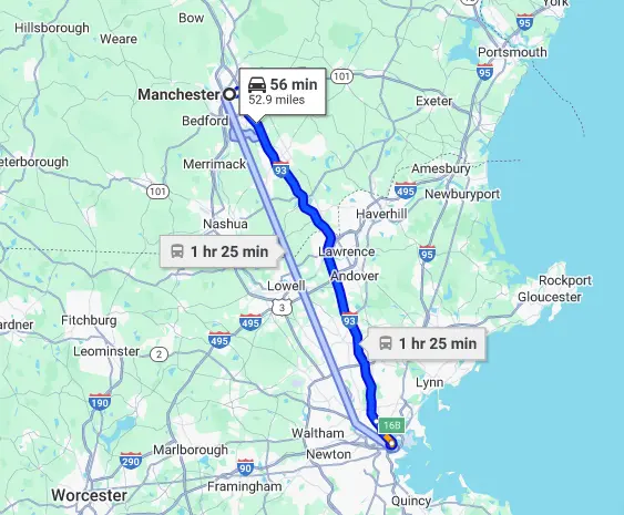 distance from Boston to Manchester NH