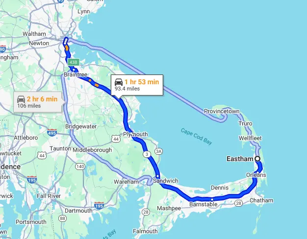 Distance from Boston to Eastham ma