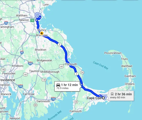 The distance from Boston Logan Airport to Cape Cod