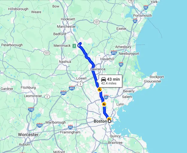Distance from Derry Nh to Boston MA.